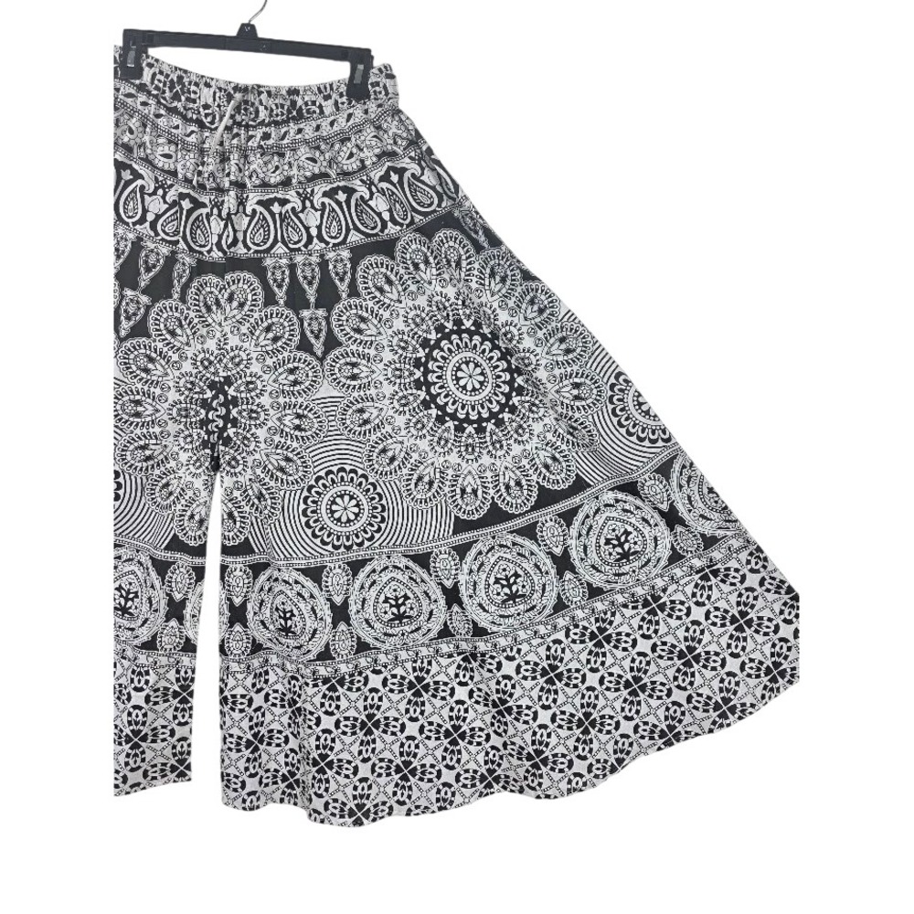 Ultra Wide Leg Palazzo Pants Womens OS Black White Mandala Boho Cotton Flowy